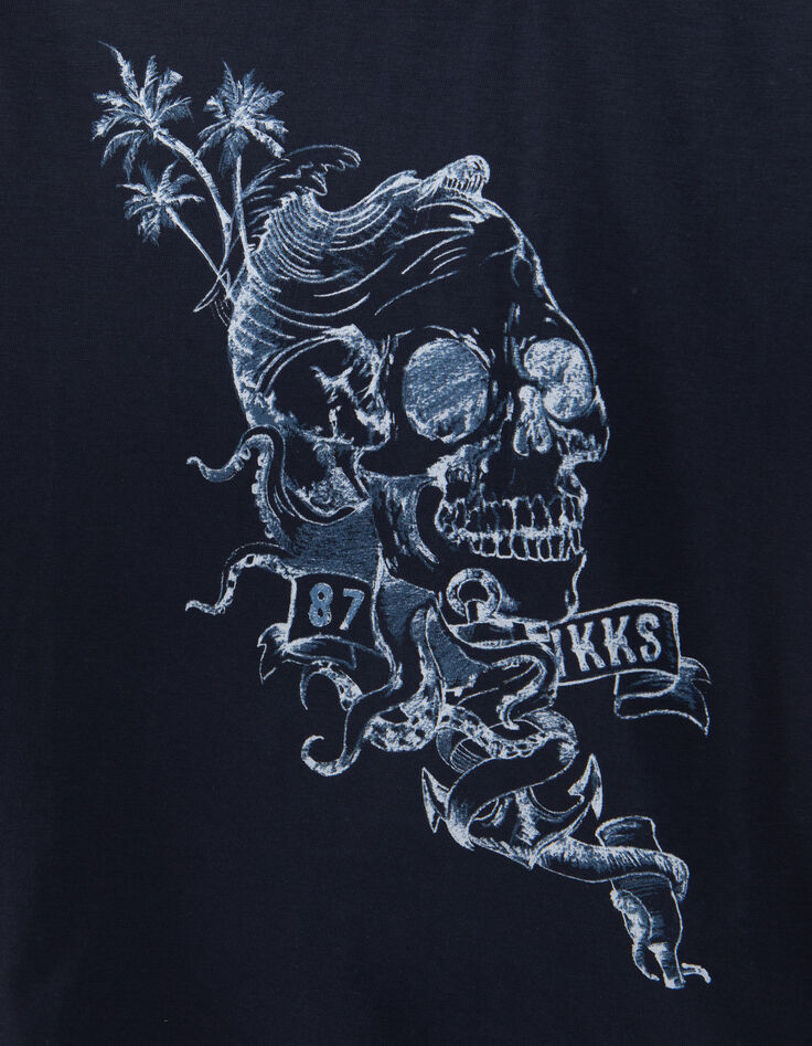 Boys' navy organic cotton T-shirt with skull image-2