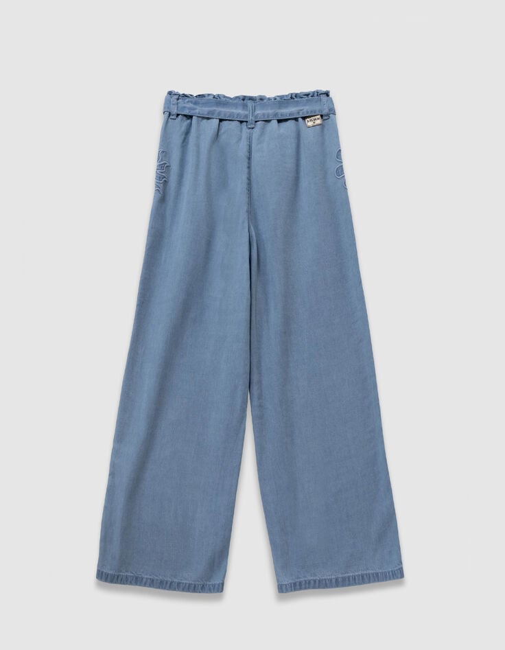 Blue maxi flowing jeans with embroidery on girls' sides-3