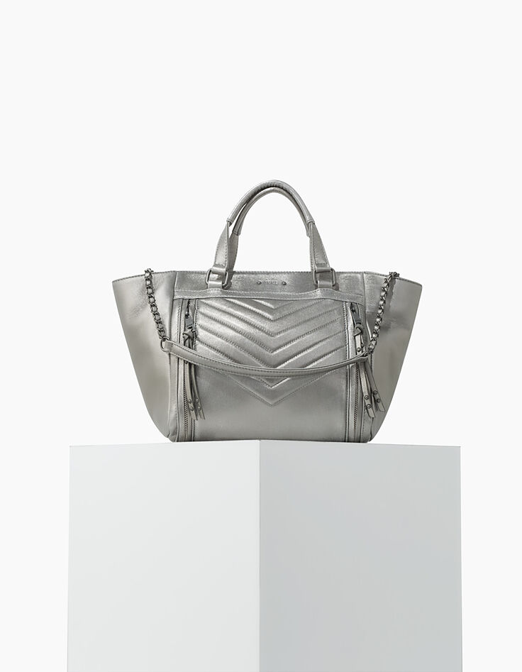 Sac cabas cuir argent LE 1440 MEDIUM SILVER matelassage chevrons femme-6