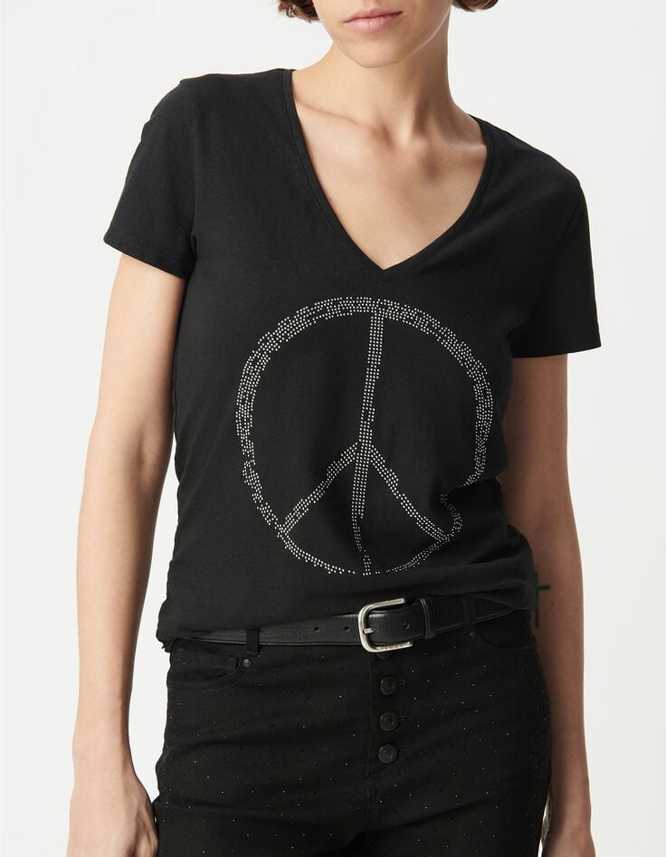 Camiseta negra con tachuelas peace and love de algod&oacute;n org&aacute;nico para mujer-2