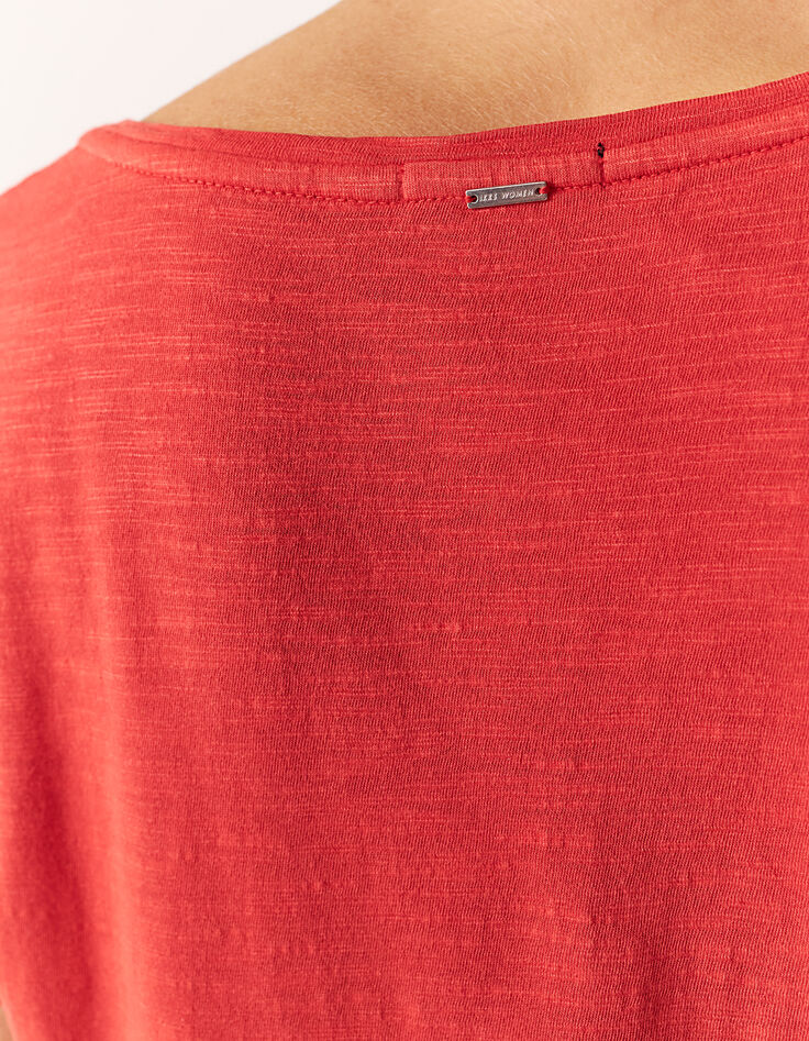 Tee-shirt rock col V en coton rouge feu message femme-4