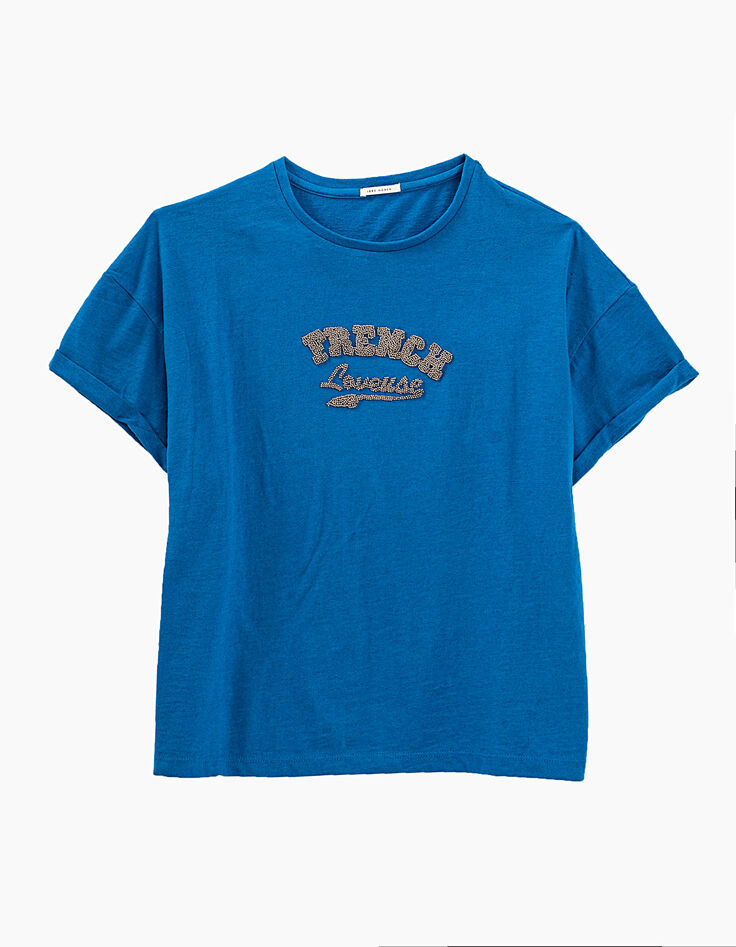 Blaues Damen-T-Shirt aus Baumwolle mit Schriftzug-1