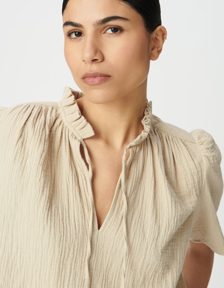 Top en gaze de coton beige clair pour femme-5 Top en gaze de coton beige clair pour femme-5