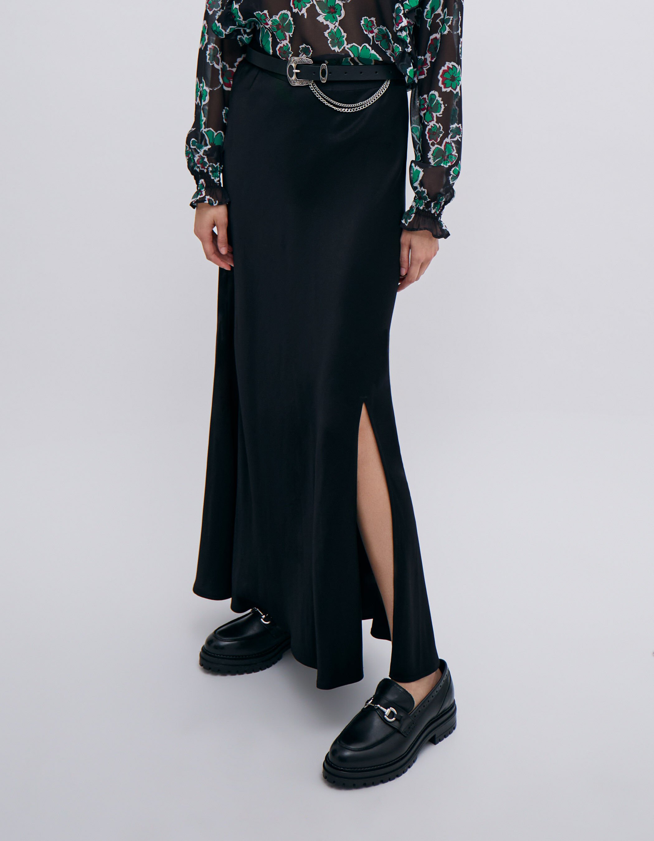 Jupe longue noire fendue en viscose Femme