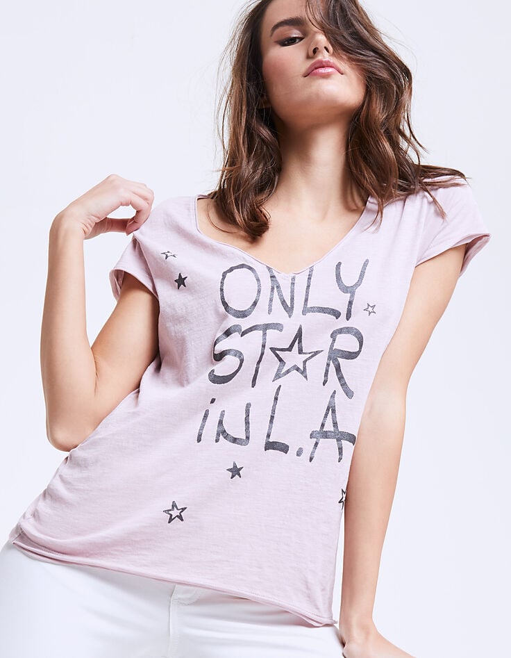 Tee-shirt col V coton message "Only Star" femme-1