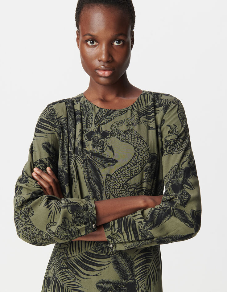 Khaki long sleeve dress LENZING™ ECOVERO™ maxi jungle Women-4