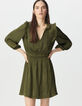 Vestido caqui satinado arrugado volantes plisados mujer-2