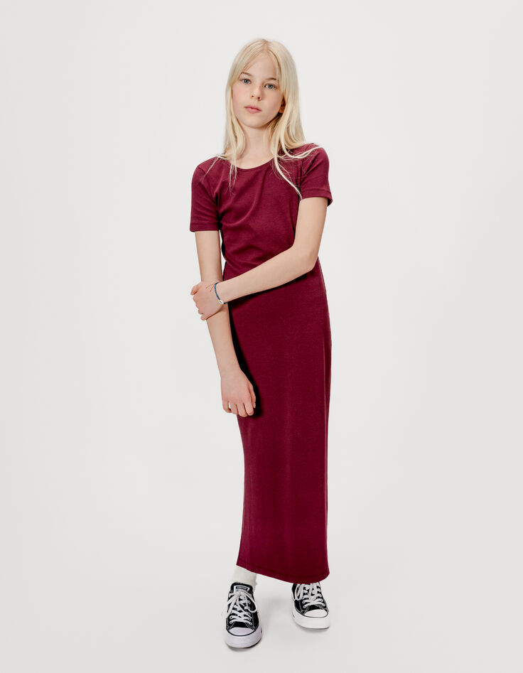 Langes bordeauxrotes Mädchen-T-Shirt-Kleid-2
