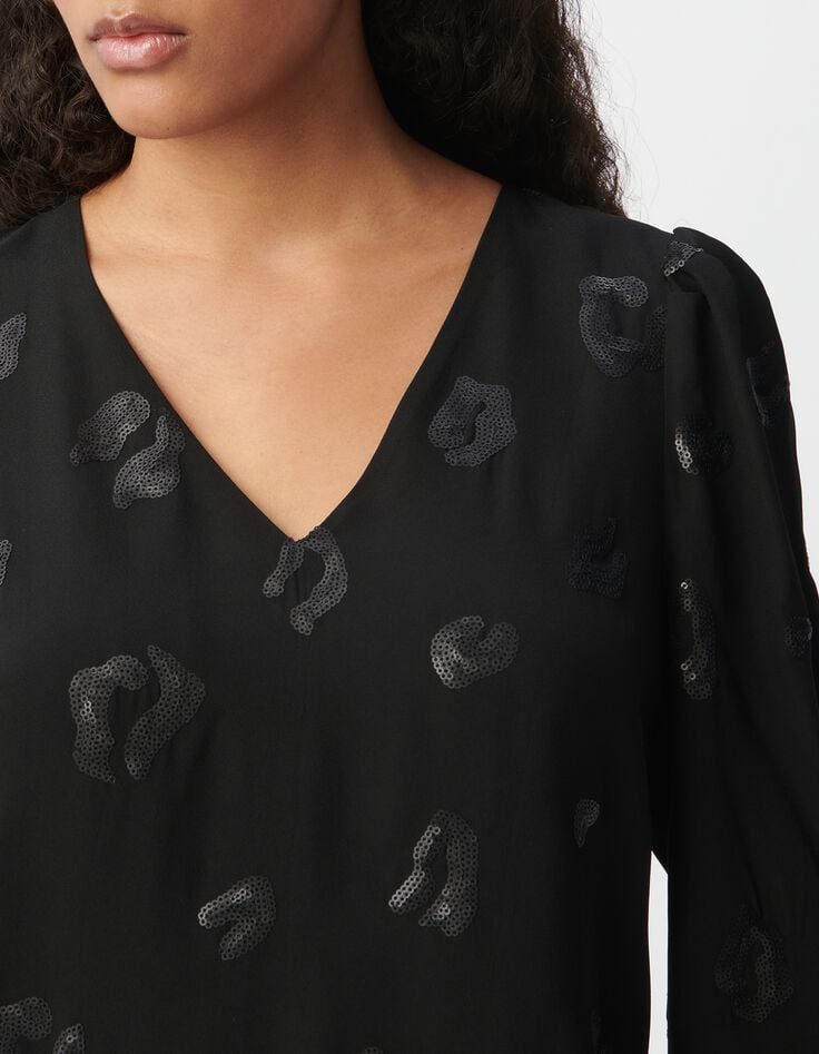Robe housse mi-cuisse noire motif l&eacute;opard brod&eacute; sequins Femme-4