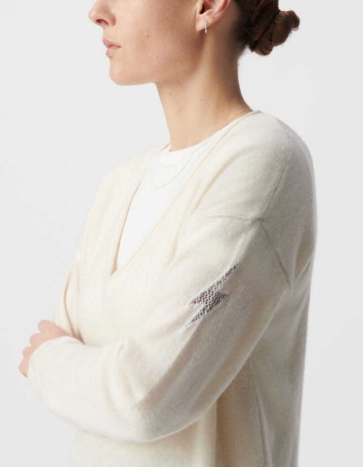 Women’s ecru pure cashmere knit V-neck sweater-4