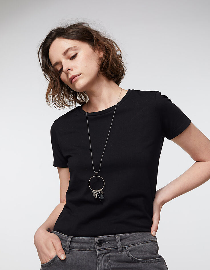 Collier sautoir argenté anneau et pampilles femme-2