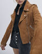 Veste en cuir velours camel esprit motard à franges Femme-4