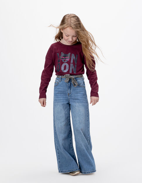 Girls’ blue wide-leg jeans with leopard scarf belt - IKKS