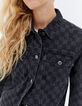 Graue Damenjeansjacke mit Zielflaggenmotiv und Fransen-4