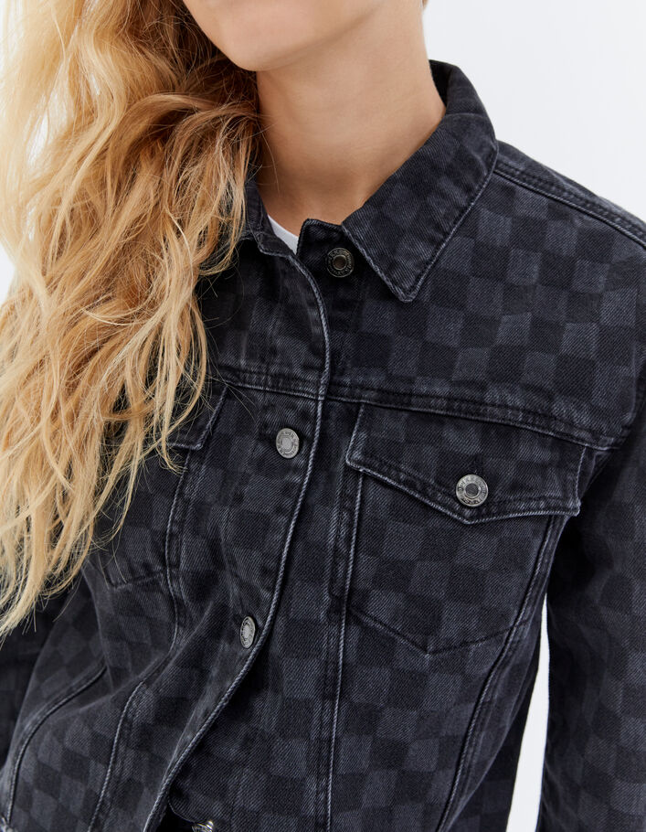 Women’s grey checkerboard fringed denim jacket - IKKS