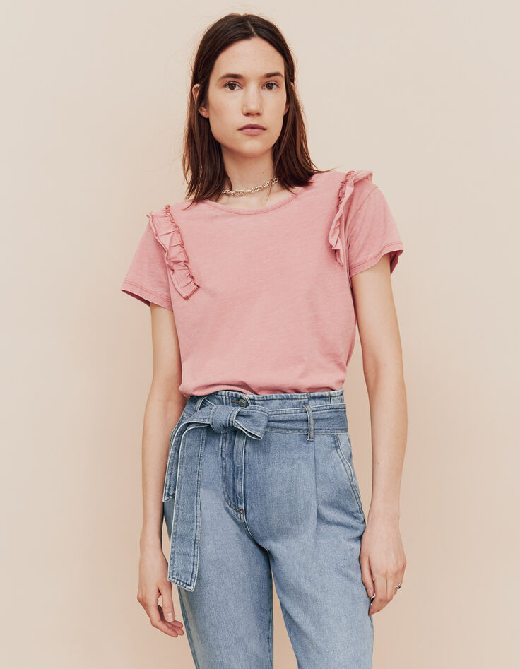 Tee-shirt rose devant dos épaules volantées femme-2 Tee-shirt rose devant dos épaules volantées femme-2