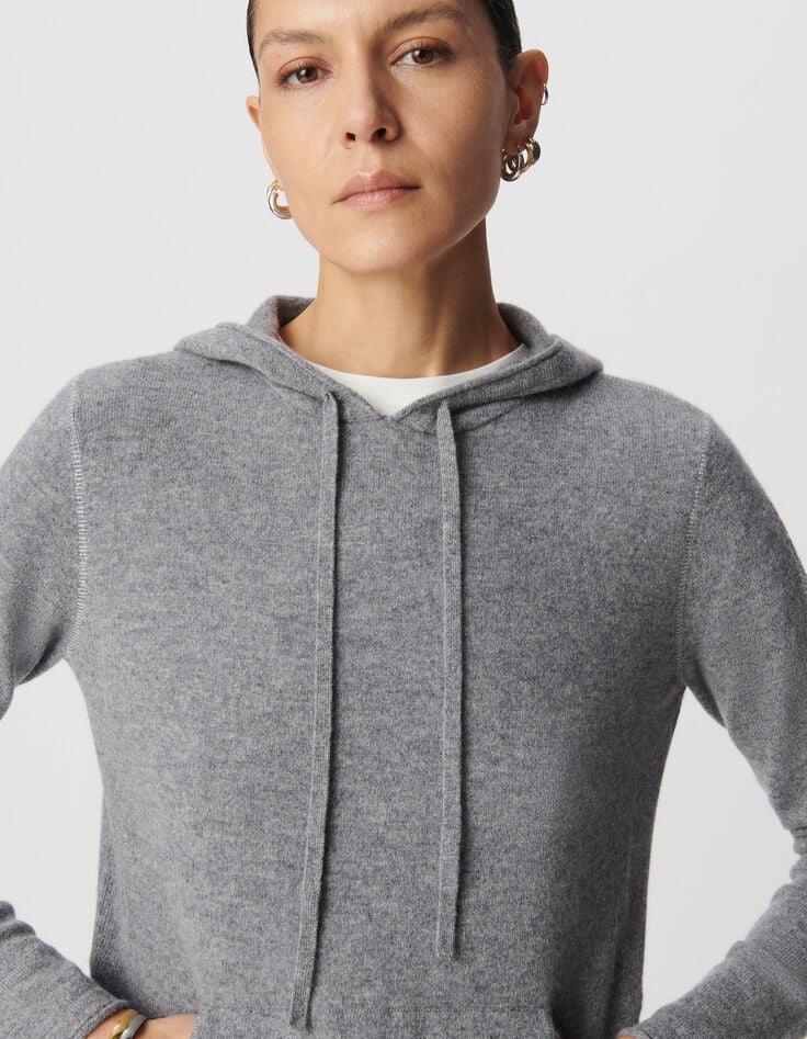 Pull gris &agrave; capuche 100% cachemire Femme-4
