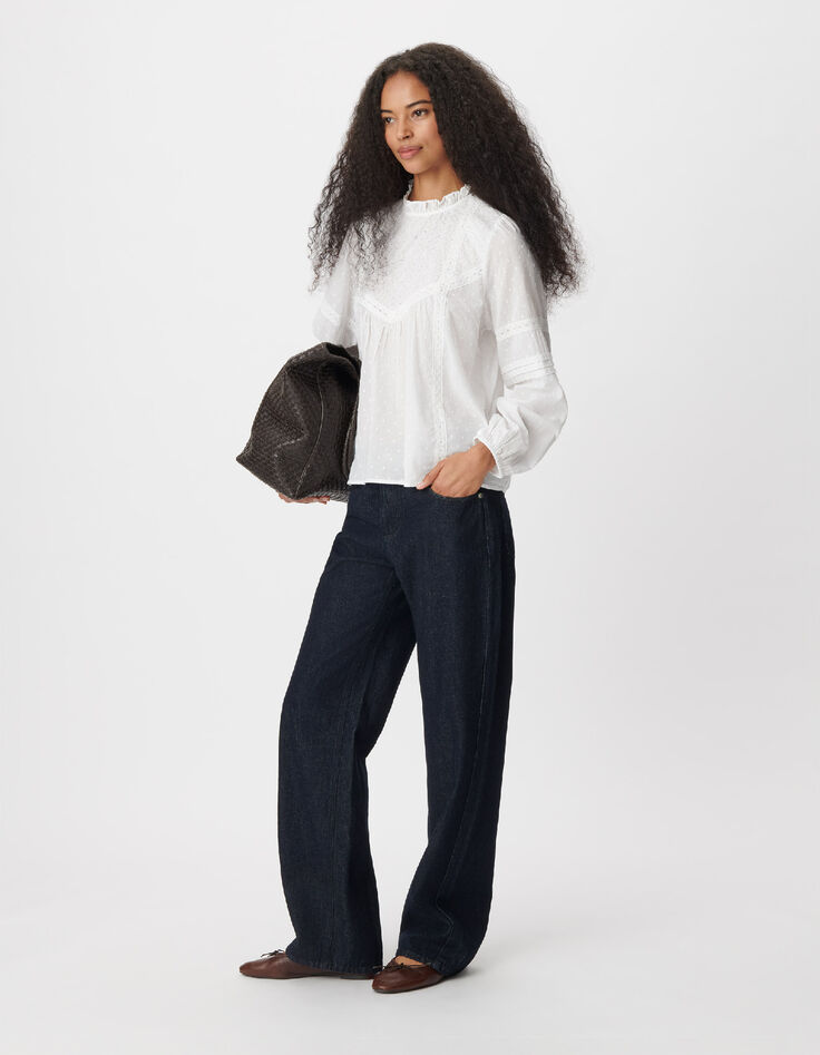 Blusa blanca de jacquard y encaje para mujer-1