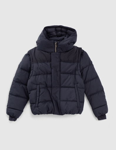 Boys' navy quilted mixed fabric padded jacket - IKKS
