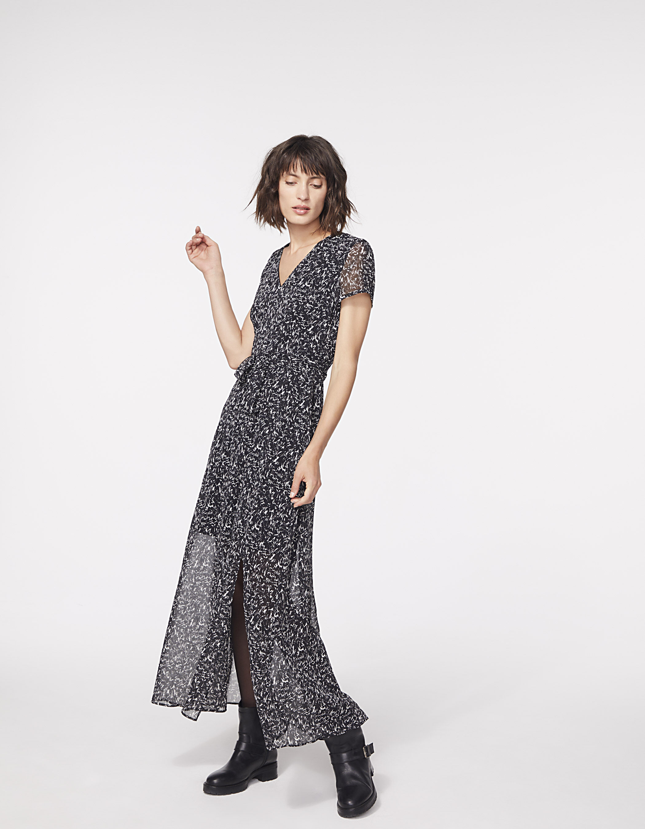 Robe longue en voile imprime wavy fond noir femme IKKS