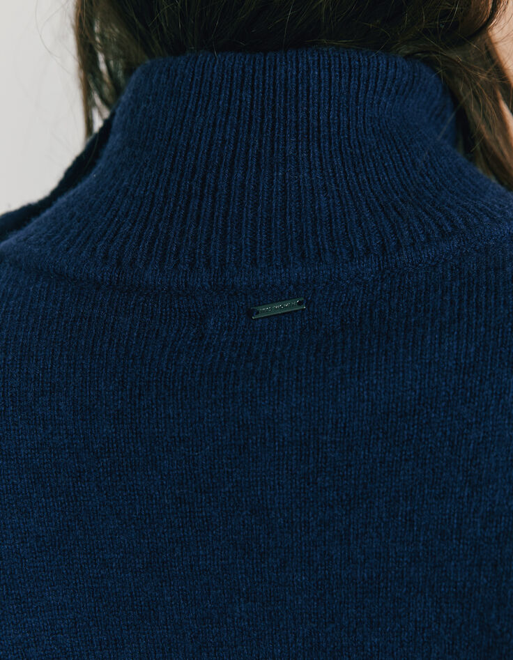 Pull col montant en laine bleu marine boutons épaule femme-5
