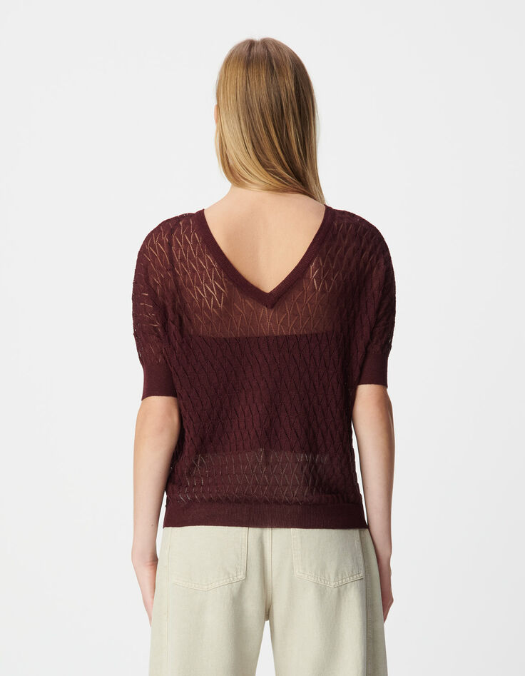 Pull bordeaux tricot fin ajouré lurex Femme-3