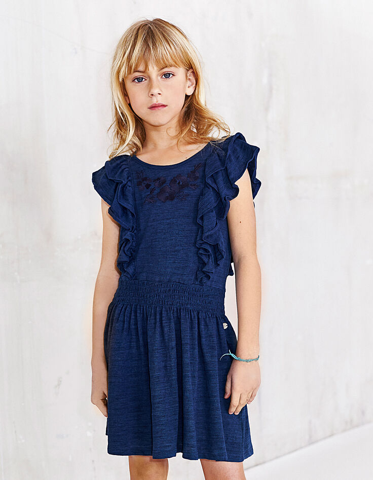 Robe indigo brodée fleurs à smocks fille-1