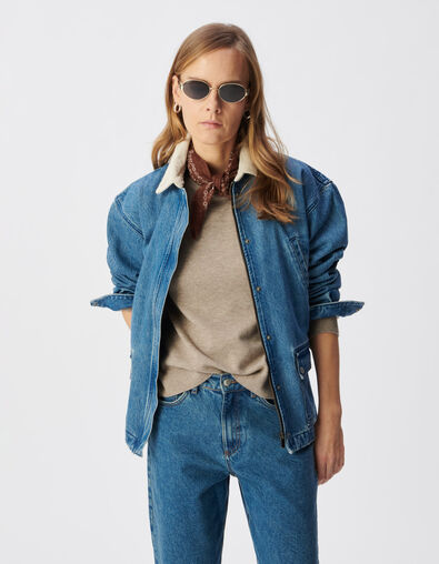 Women's blue denim jacket with ecru velour collar - IKKS