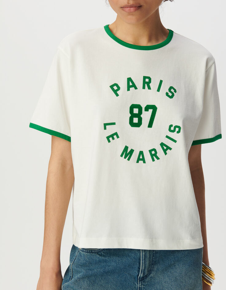 Tee-shirt blanc bords-côtes verts à message-4