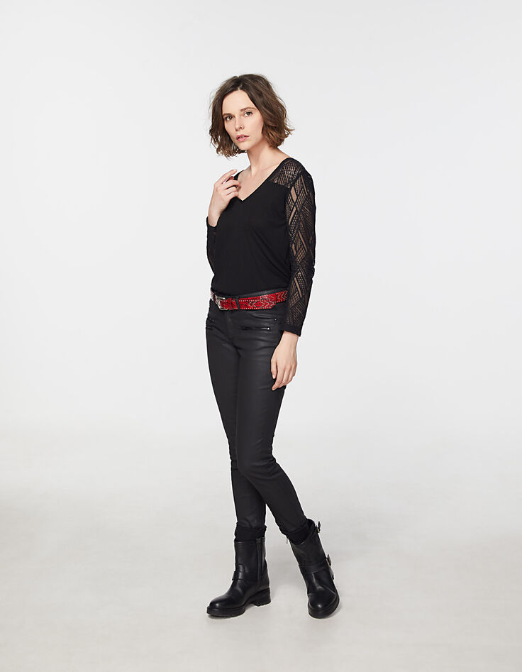 Tee-shirt noir bi-matière en viscose apport laine femme-6