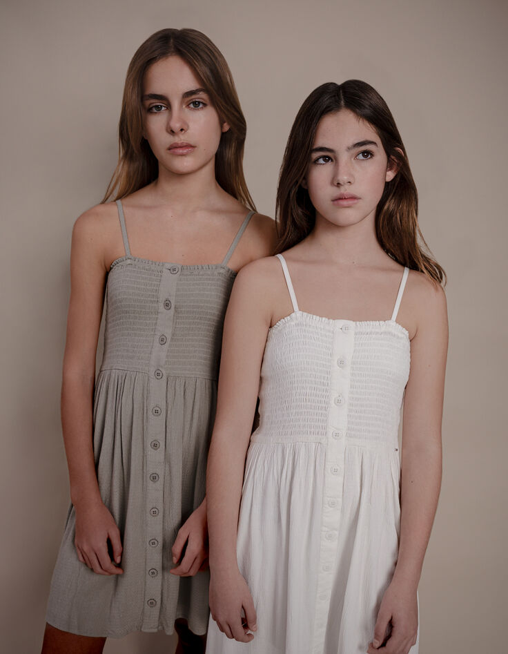 Robe fines bretelles beige à smocks fille-3