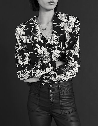 Zwart-witte blouse van crêpe met bloemenprint voor dames - IKKS