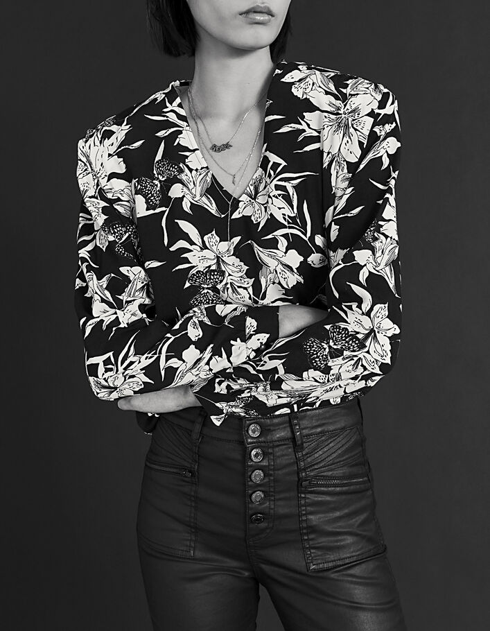 Women's black and white floral print crepe blouse-1