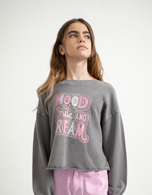 Sudadera gris felpa delavado mensaje niña