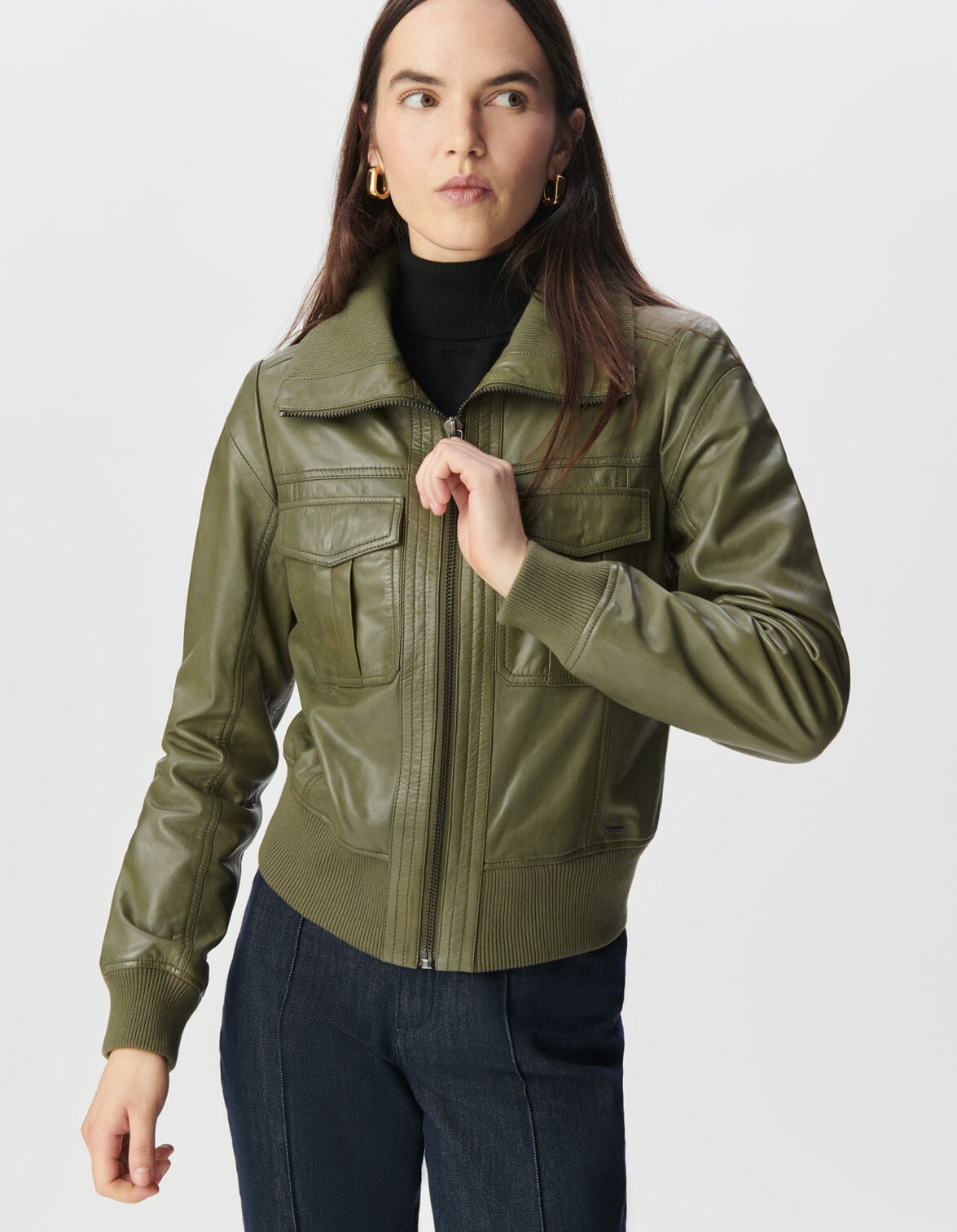 Women's faded khaki leather short jacket