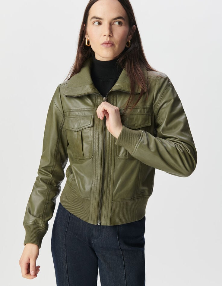 Blouson court kaki cuir délavé Femme-2 Blouson court kaki cuir délavé Femme-2