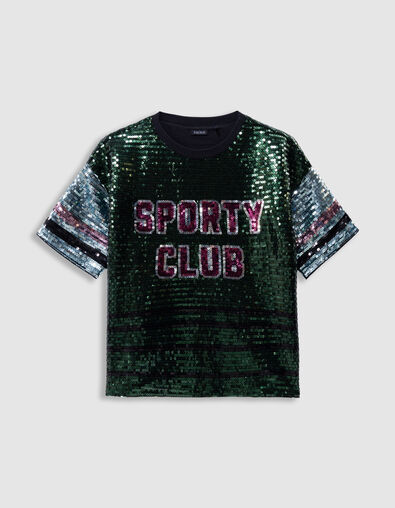 Girls’ green T-shirt with embroidered sequin slogan - IKKS