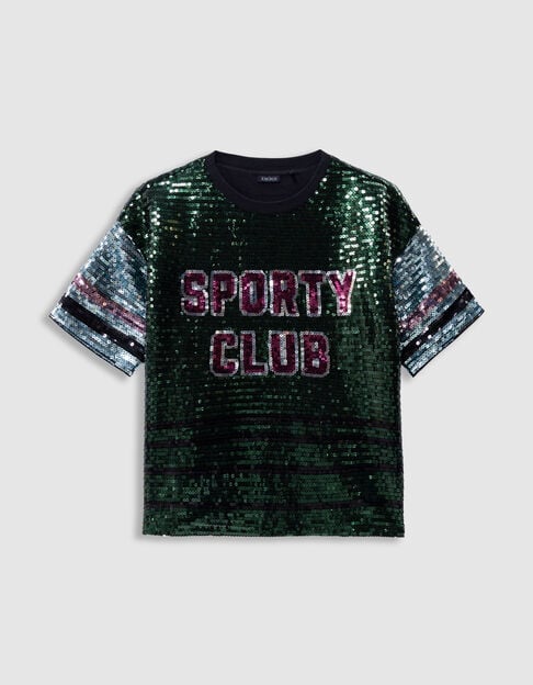 Girls’ green T-shirt with embroidered sequin slogan - IKKS