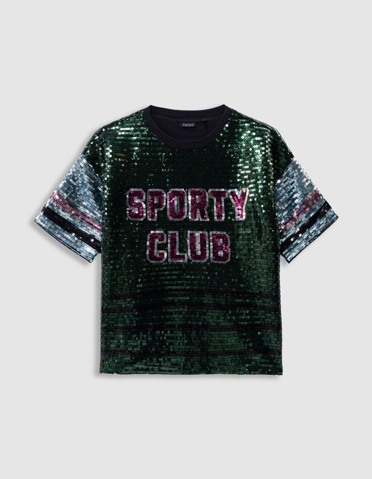 Girls’ green T-shirt with embroidered sequin slogan-1 Girls’ green T-shirt with embroidered sequin slogan-1