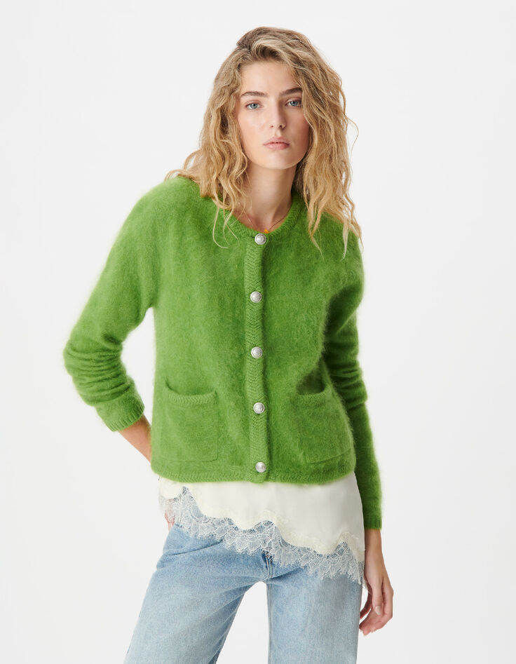 Cardigan vert tricot mousseux 100% laine Femme-2