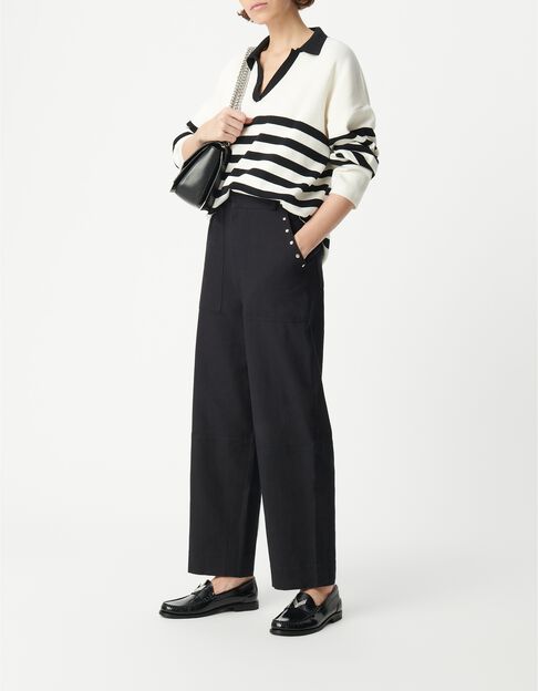 Pull marini&egrave;re tricot ray&eacute; noir et &eacute;cru col polo contrast&eacute; Femme - IKKS