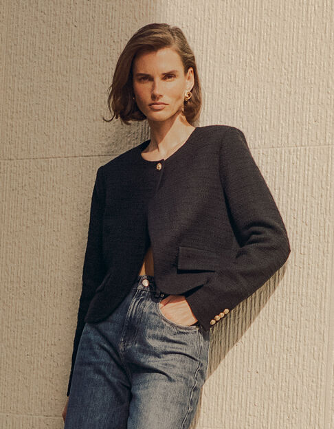 Veste carr&eacute;e noire effet tweed Femme - IKKS