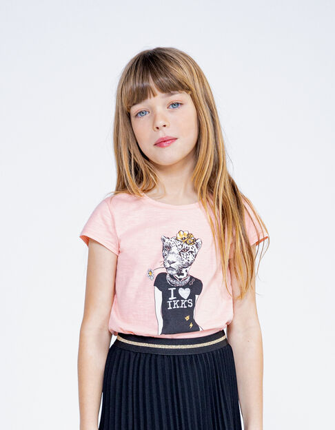 Mädchen-T-Shirt aus Biobaumwolle, Leo-Rock-Motiv, Peach - IKKS