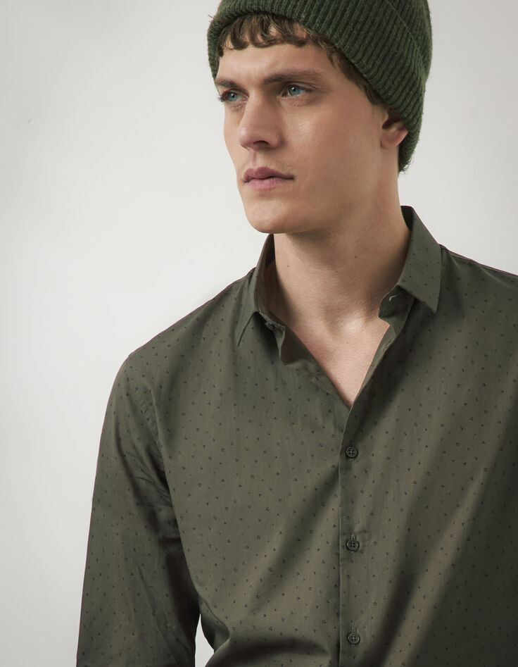 Khaki SLIM-Herrenhemd mit dezentem Print-1