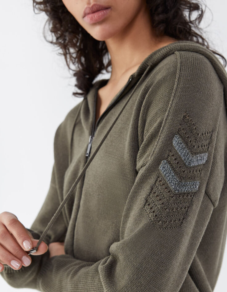 Cardigan capuche kaki chevron bijou et jeux de point femme-4
