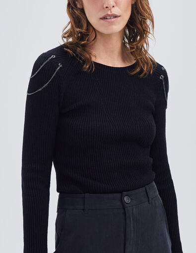 Women’s black ribbed knit sweater with chains on shoulders - IKKS