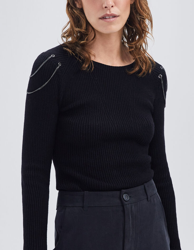 Women’s black ribbed knit sweater with chains on shoulders-1