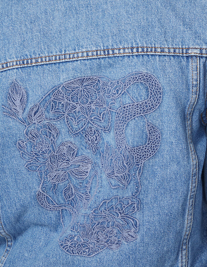 Women’s blue denim short jacket embroidered on back-4