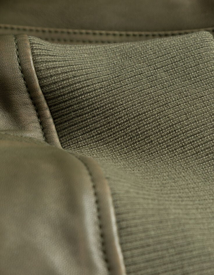 Khaki kurze verwaschene Damenlederjacke-5