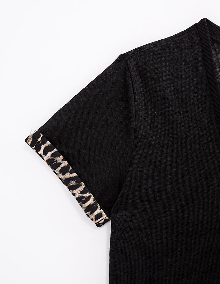 Women’s black linen Tshirt, leopard print sleeves